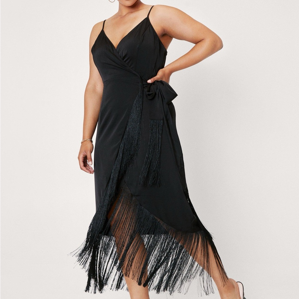 Nasty Gal size 24 Fringe Trim Satin Wrap Maxi Dress Sleeveless black NWT